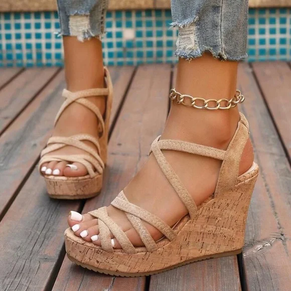 Women's Strappy Cork Wedge Sandals - Open Toe Design, High Thick Soles Color - Picture 4 of 4